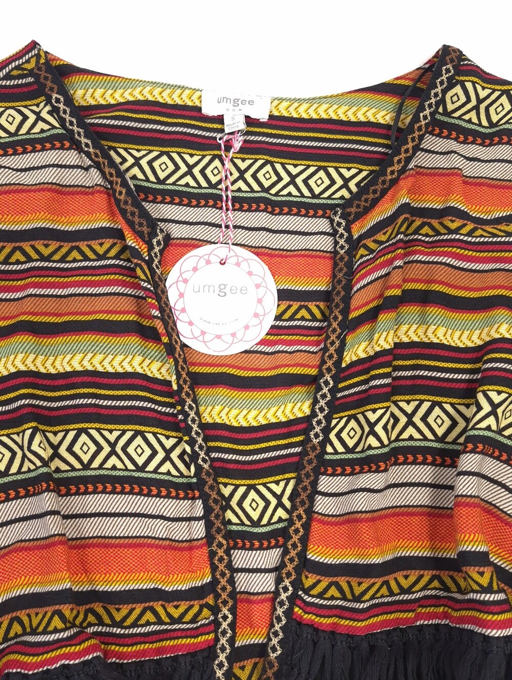 Umgee Open Front Cardigan Linen Blend Pockets Boho Tribal Tunic Fringe Sz Small - Picture 7 of 10